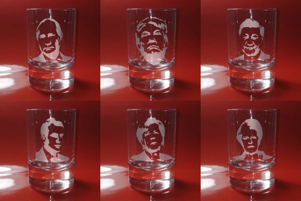 Shot Glasses with portraits of world leaders.